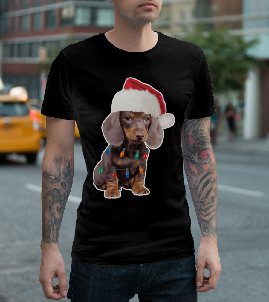 Dachshund Puppy with Santa Hat and Christmas Lights T-Shirt