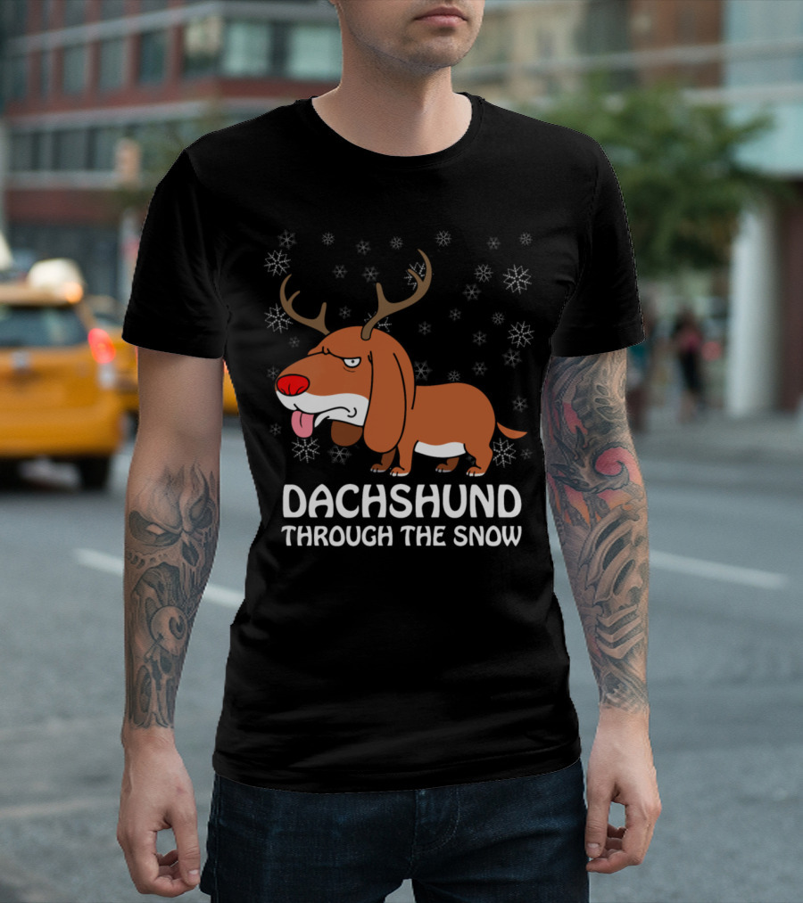 Dachshund Through The Snow Christmas Pun Dog with Antlers and Snowflakes T-Shirt
