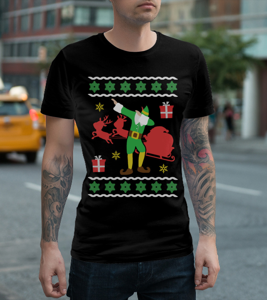 Dabbing Christmas Elf With Reindeer And Sleigh T-Shirt