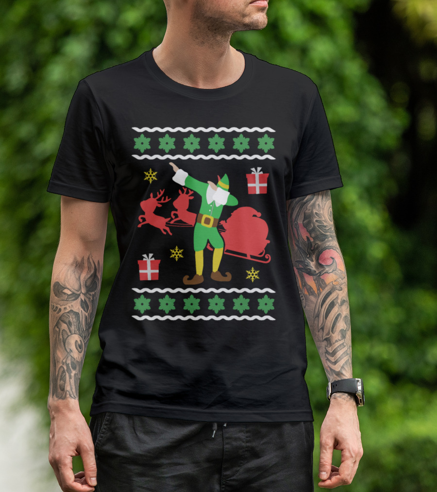 Dabbing Christmas Elf With Reindeer And Sleigh T-Shirt