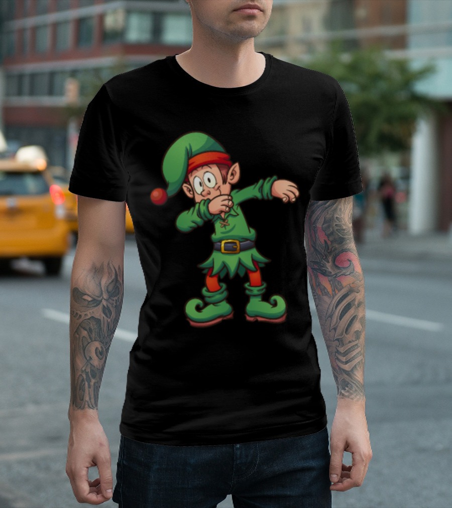 Dabbing Green Elf in Festive Christmas Costume T-Shirt
