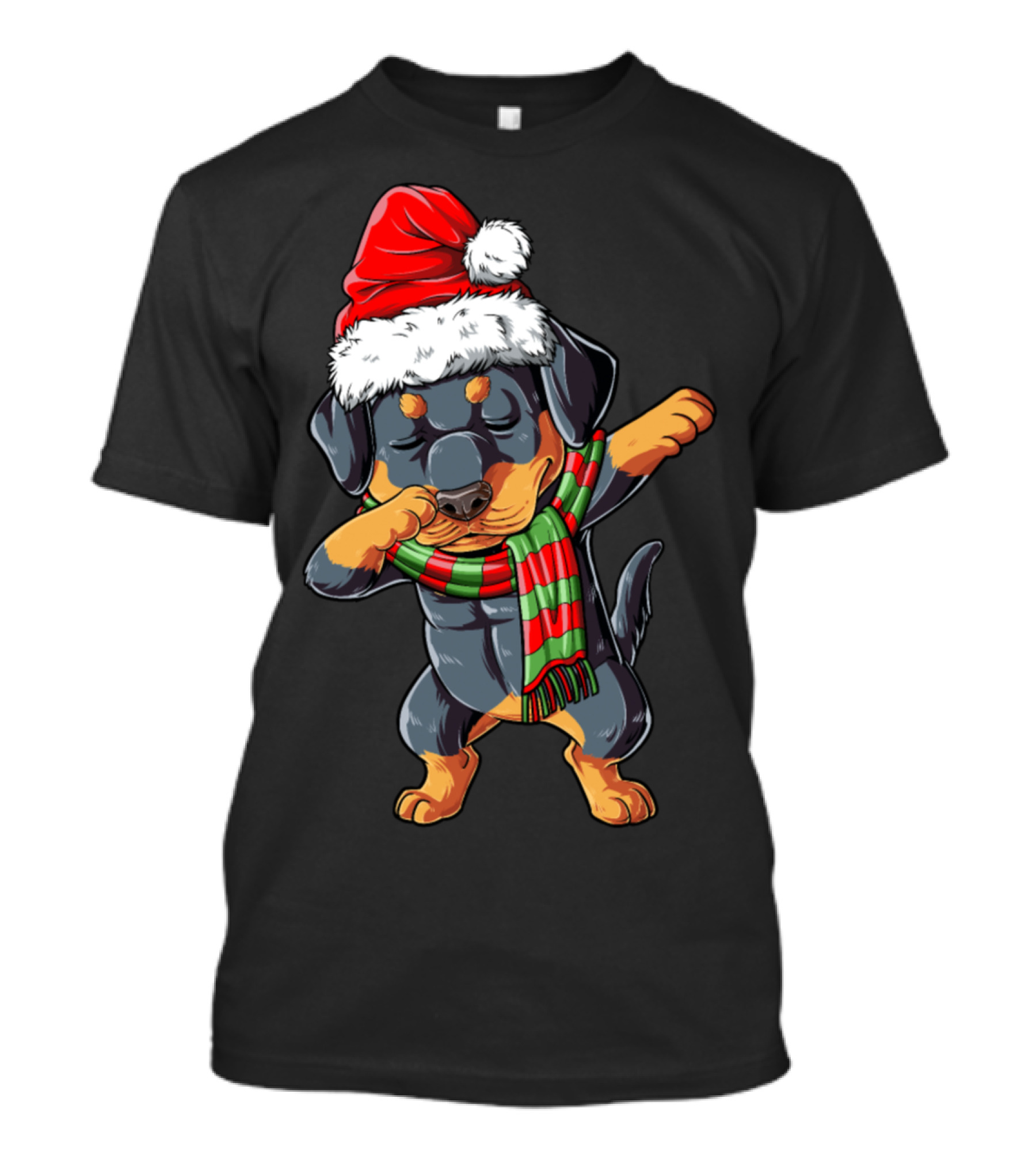 Rottweiler Santa Dabbing Christmas Dog With Festive Hat And Scarf T-Shirt