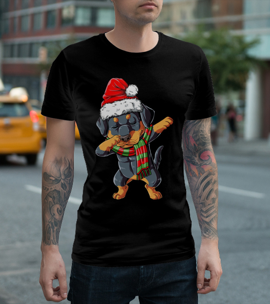 Rottweiler Santa Dabbing Christmas Dog With Festive Hat And Scarf T-Shirt