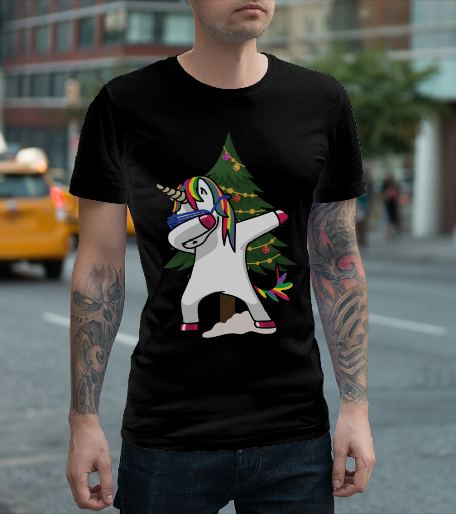 Dabbing Unicorn Christmas Tree Rainbow Mane T-Shirt