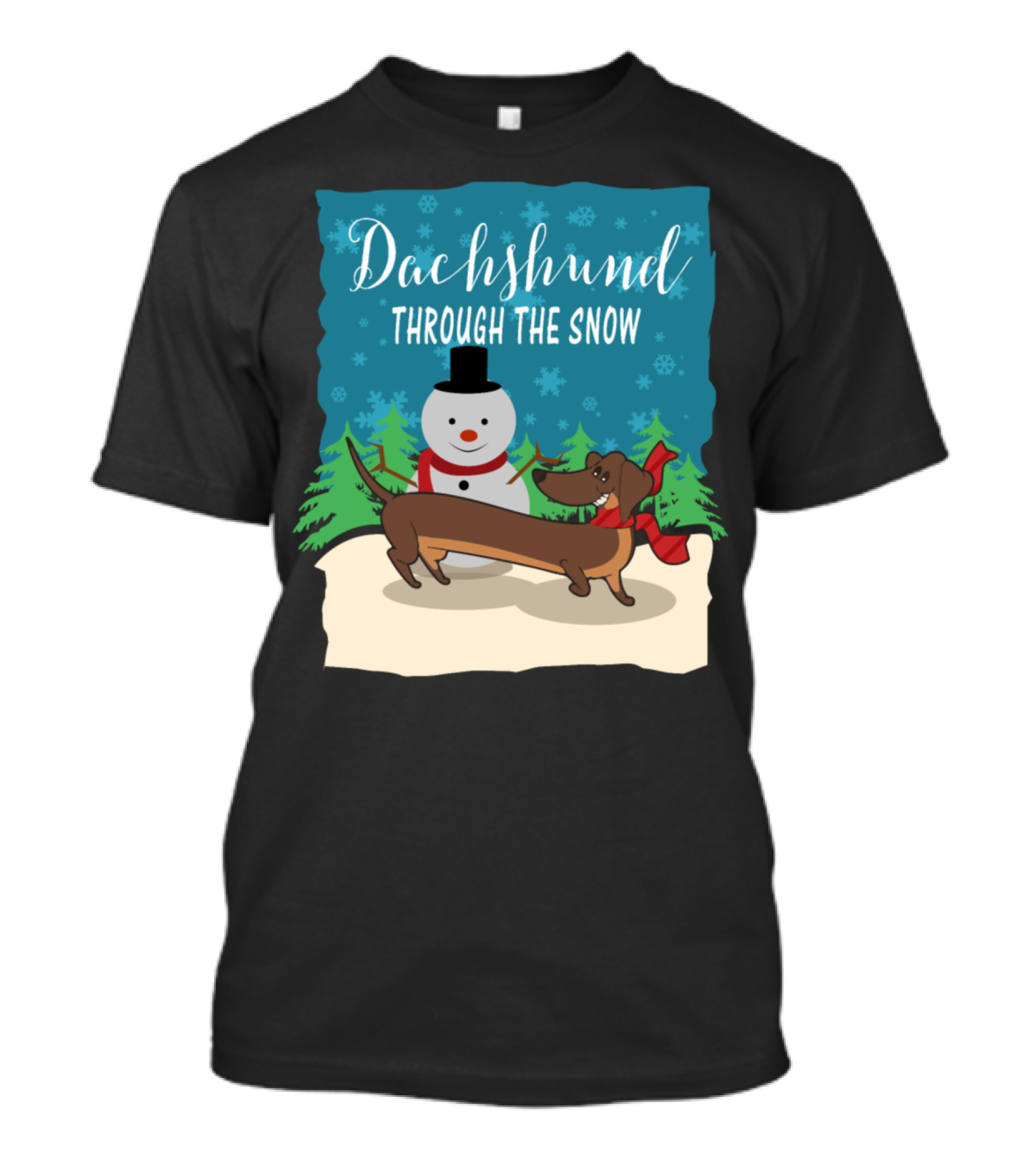 Dachshund Through The Snow Snowman Trees Christmas Present T-Shirt