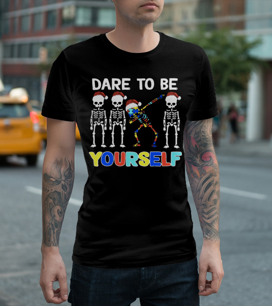 Dare To Be Yourself Skeleton Santa Autism Puzzle Dab Christmas Friends Picture T-Shirt