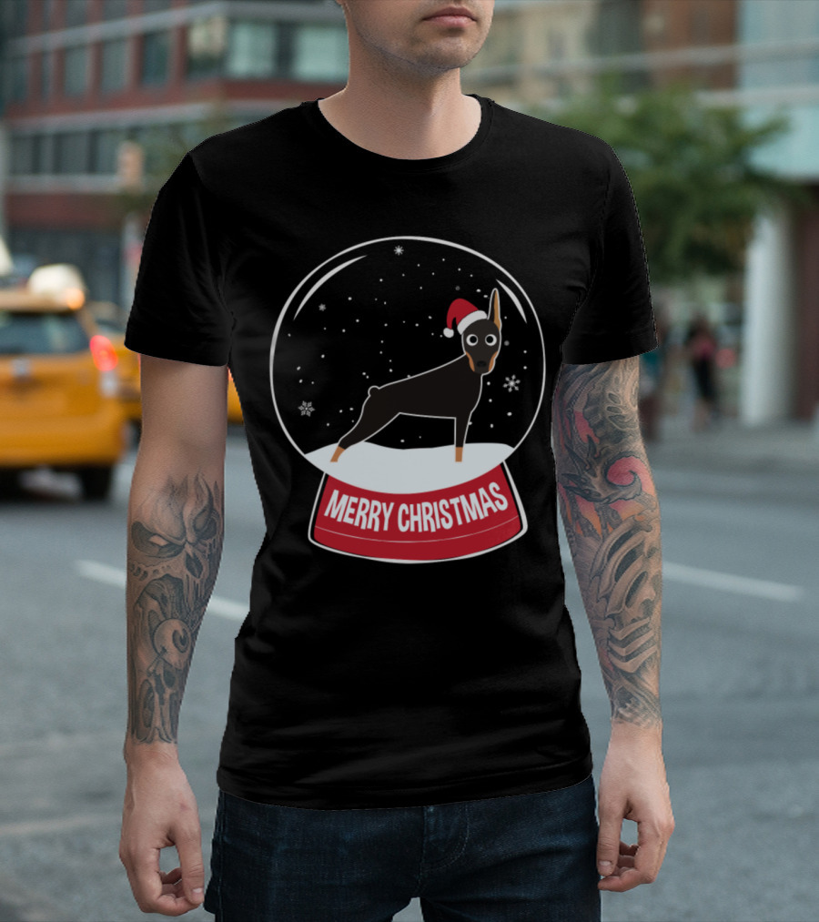 Doberman Merry Christmas Snow Globe With Santa Hat T-Shirt