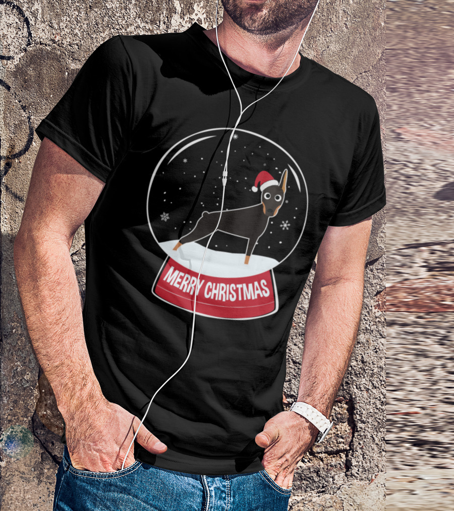 Doberman Merry Christmas Snow Globe With Santa Hat T-Shirt