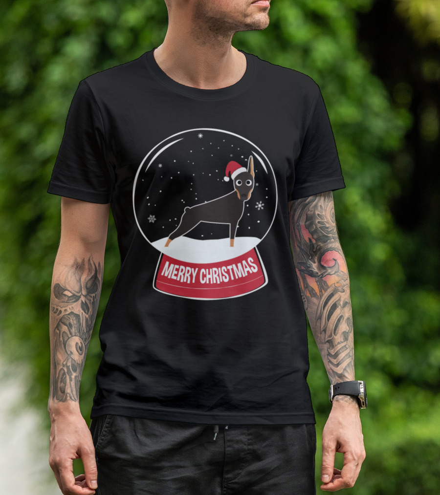 Doberman Merry Christmas Snow Globe With Santa Hat T-Shirt