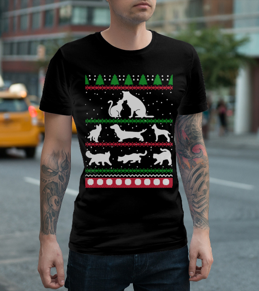 Dog And Cat Lover Christmas Sweater Pattern Trees Snowflakes T-Shirt