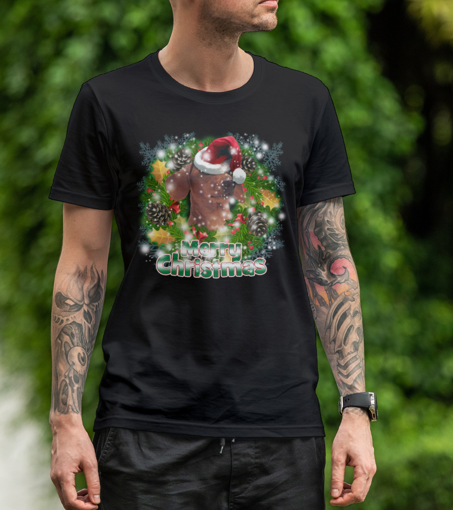 Merry Christmas Dachshund Dog Lover Holiday Wreath T-Shirt