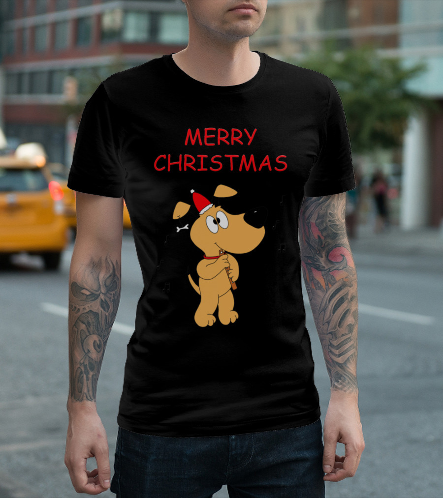 Merry Christmas Dog Plays Flute Wearing Santa Hat T-Shirt