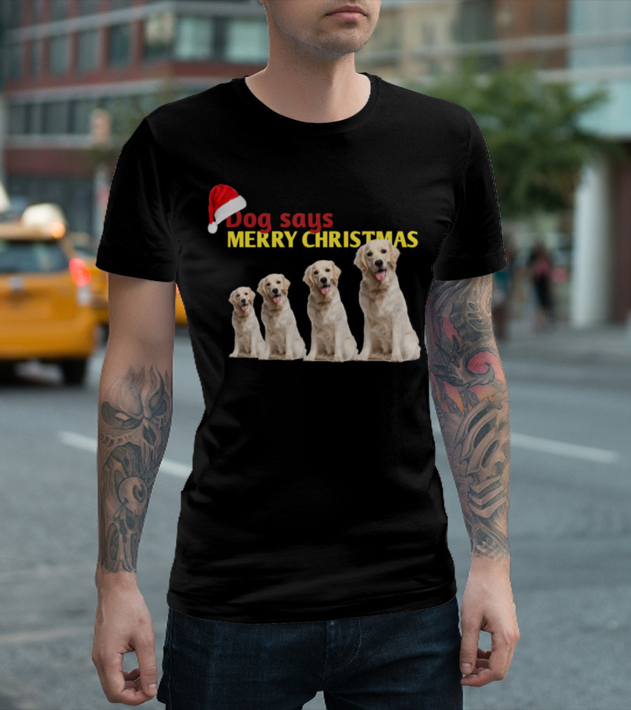 Dog Says Merry Christmas Santa Hat Golden Retriever T-Shirt