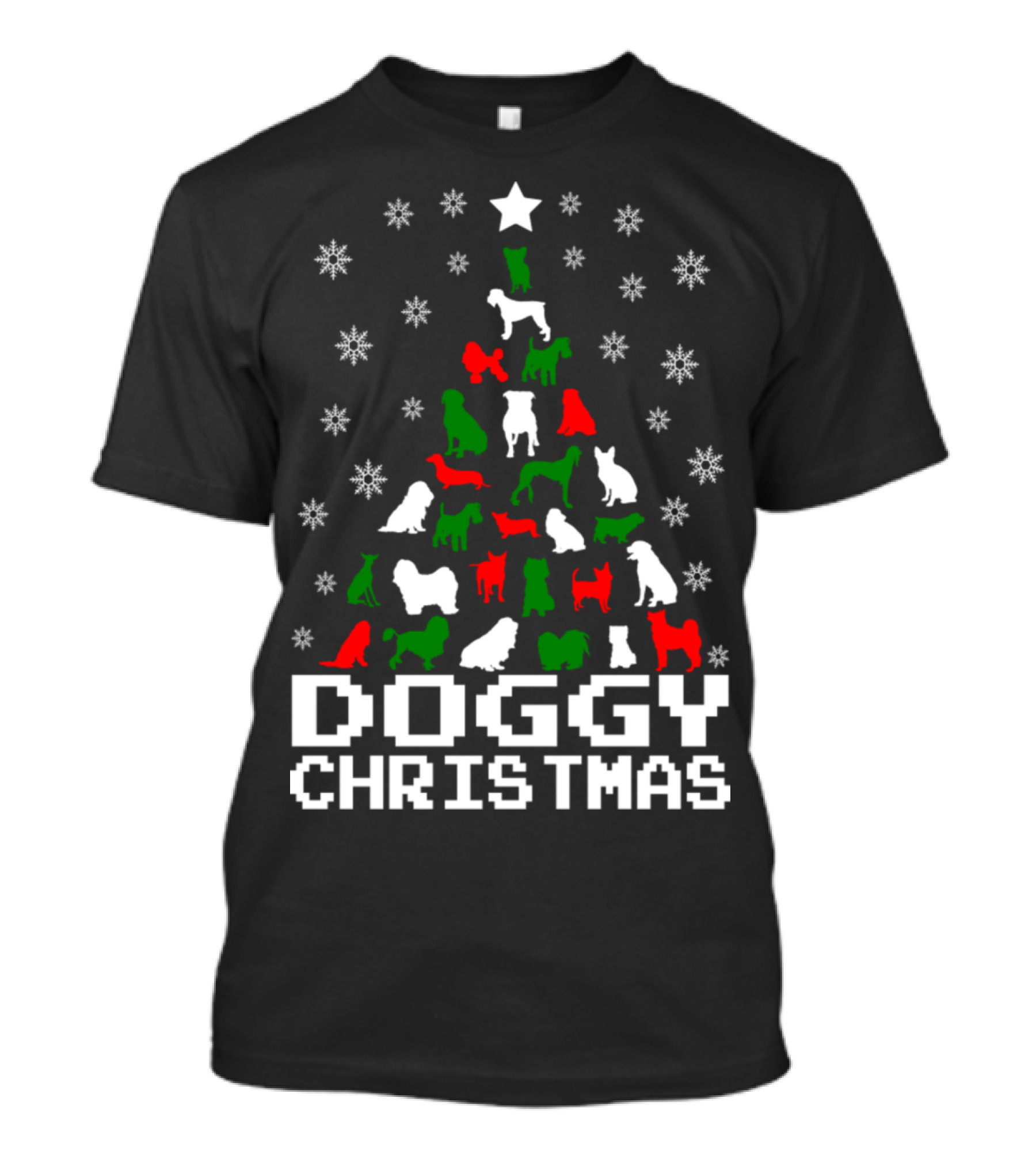 Doggy Christmas Snowflake Tree With Red Green White Dogs T-Shirt