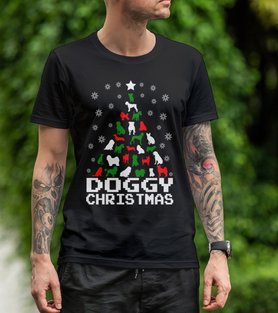 Doggy Christmas Snowflake Tree With Red Green White Dogs T-Shirt