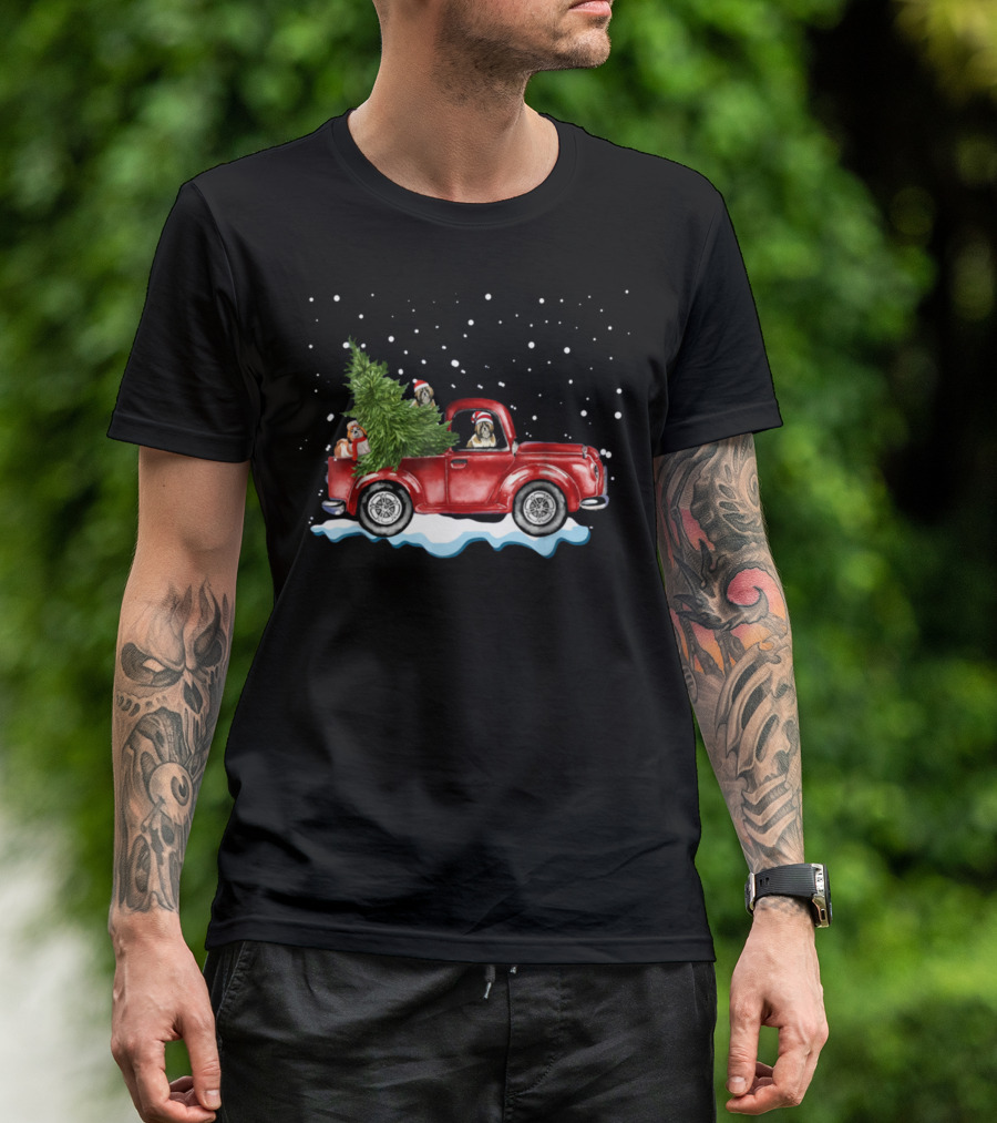 Dogs Ride Red Truck Christmas Tree Winter Snow Scene T-Shirt