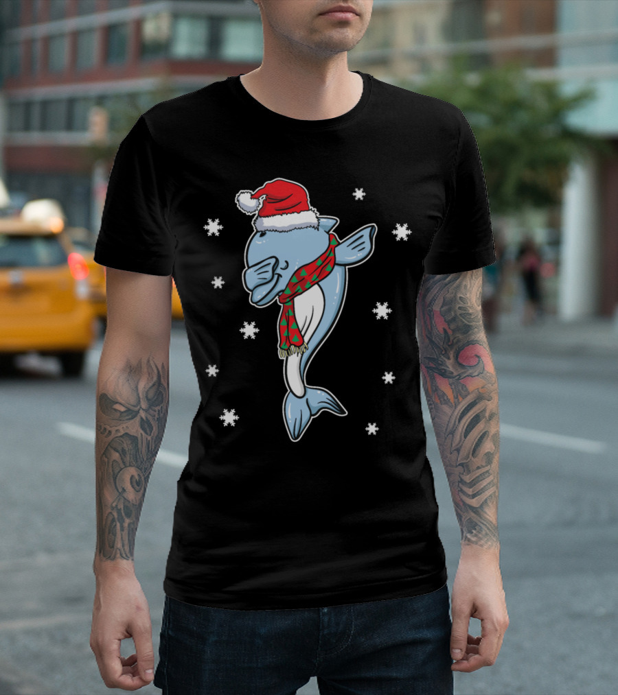 Dolphin Dabbing Christmas Santa Hat Snowflakes Festive Season Holiday Gift T-Shirt