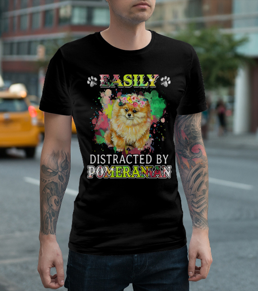 Easily Distracted By Pomeranian with Floral Crown and Paw Prints T-Shirt