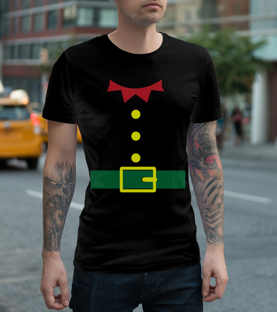 Elf Costume Design with Red Collar, Yellow Buttons, Green Belt and Buckle T-Shirt