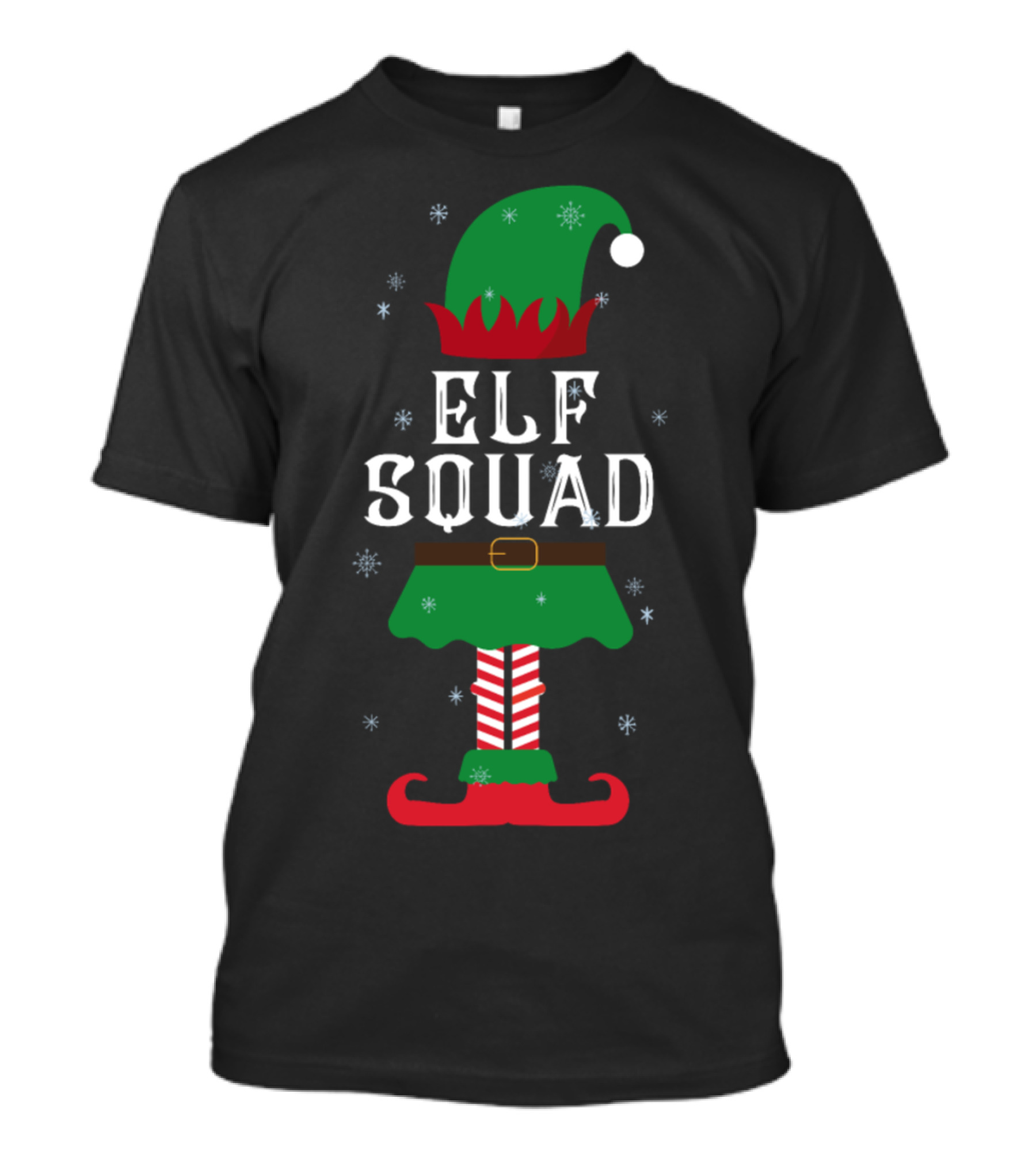 Elf Squad Christmas Hat Belt Striped Socks Snowflakes T-Shirt