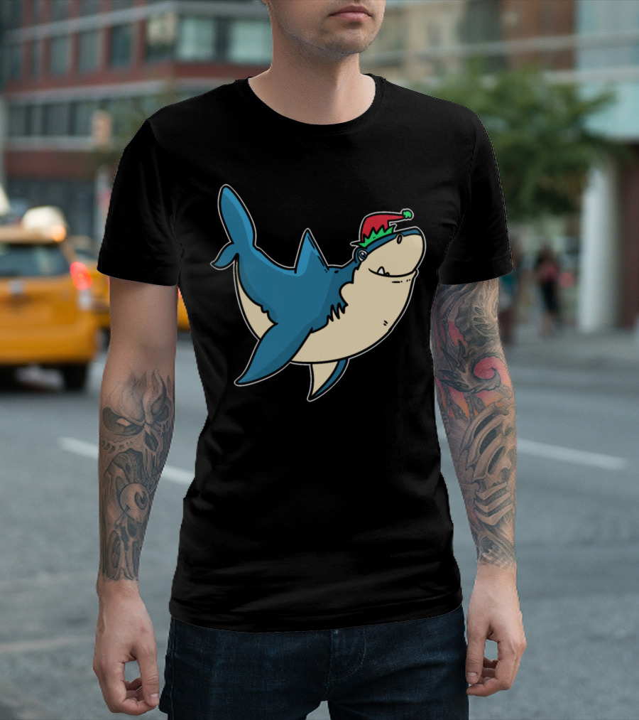 Elves Dwarfs Christmas Fable Gnome Shark Santa Hat T-Shirt