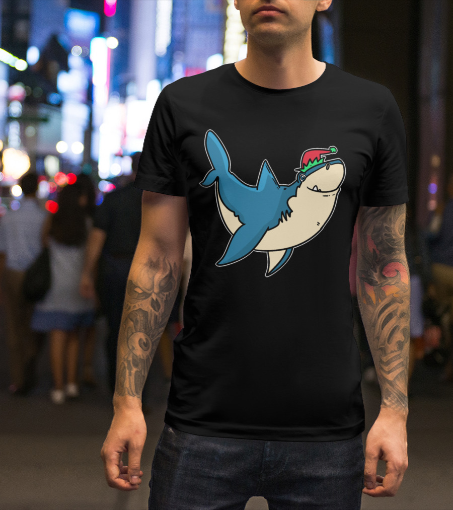 Elves Dwarfs Christmas Fable Gnome Shark Santa Hat T-Shirt