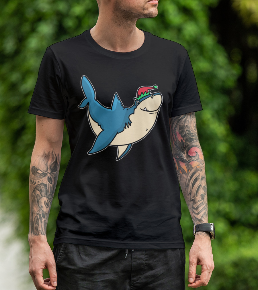 Elves Dwarfs Christmas Fable Gnome Shark Santa Hat T-Shirt