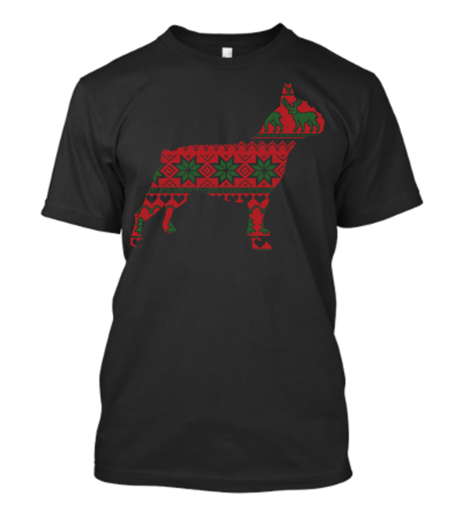 Christmas French Bulldog Nordic Pattern Reindeer Green Red T-Shirt