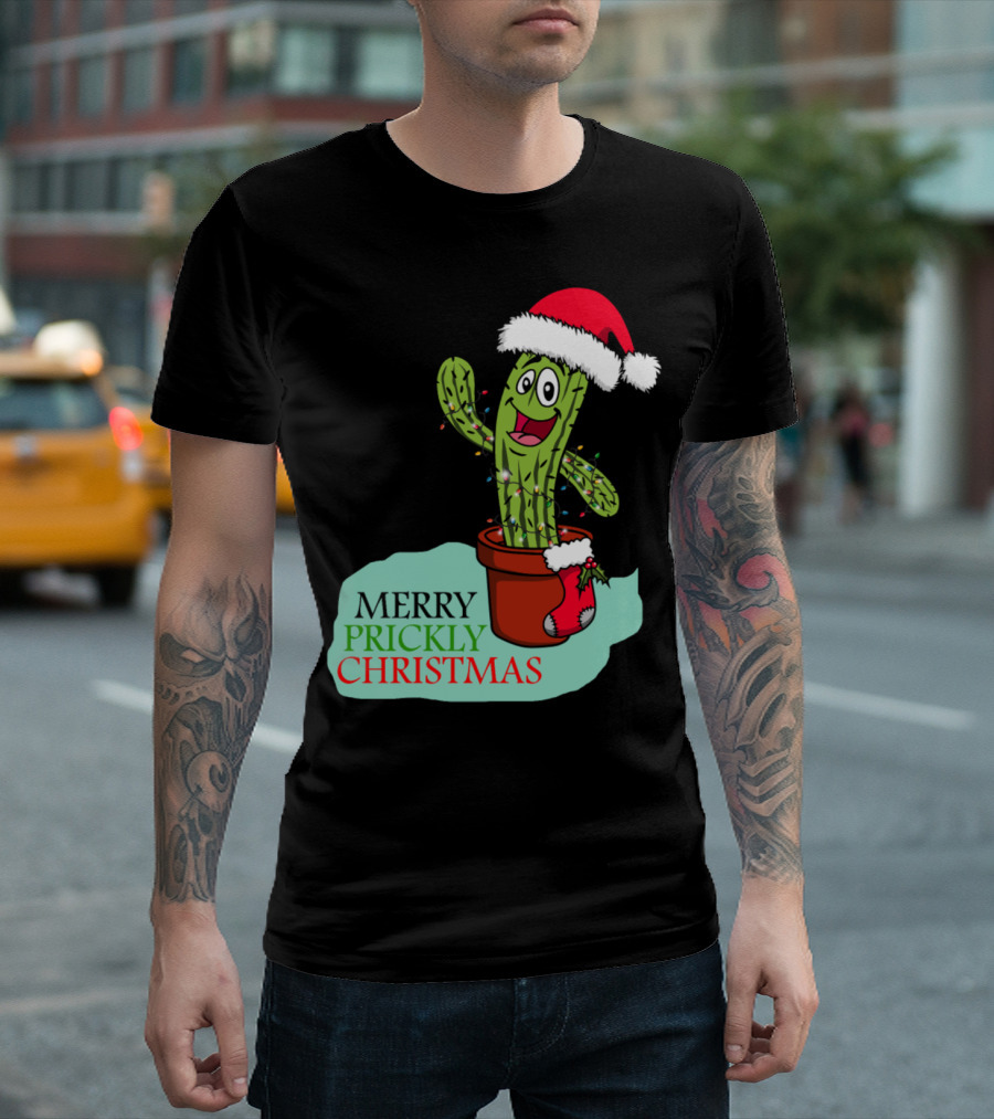 Merry Prickly Christmas Cactus with Santa Hat and Festive Pot T-Shirt