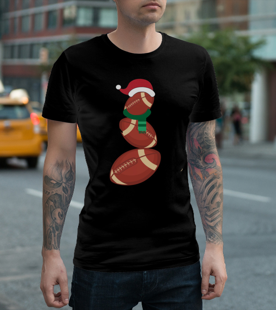 Funny Christmas Football Snowman Santa Hat Scarf T-Shirt