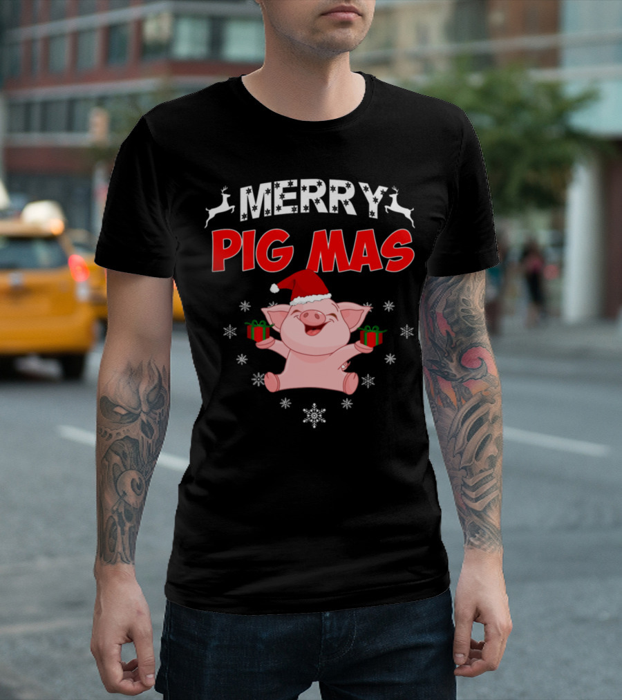 Merry Pig Mas Funny Christmas Pig with Santa Hat and Reindeer T-Shirt