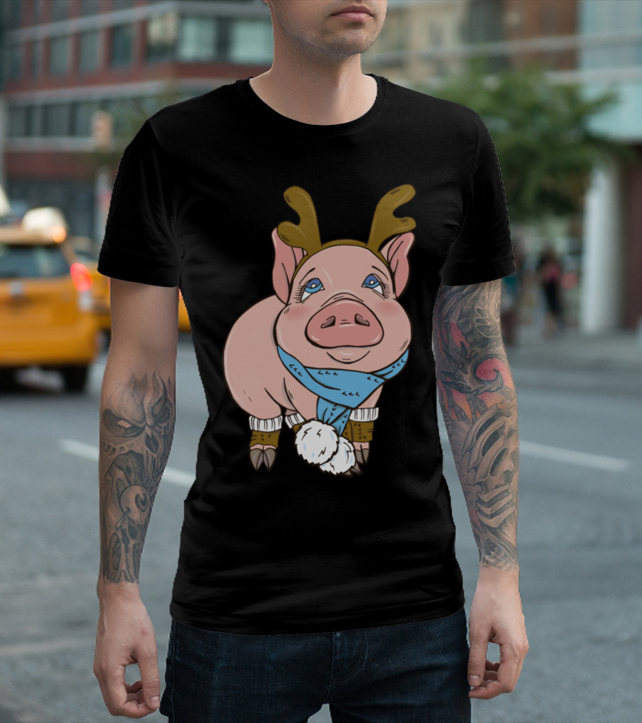 Funny Christmas Pig Reindeer Antlers and Scarf T-Shirt