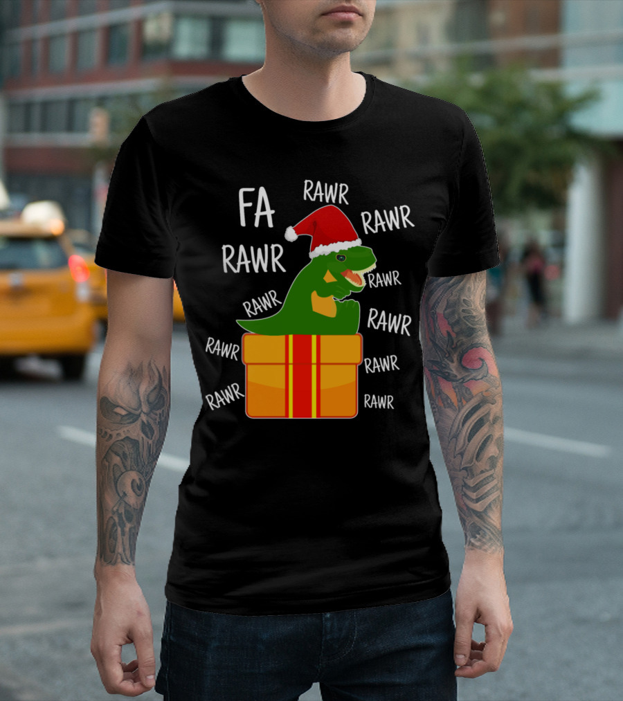 FA RAWR Christmas T-Rex In Santa Hat Inside Present T-Shirt