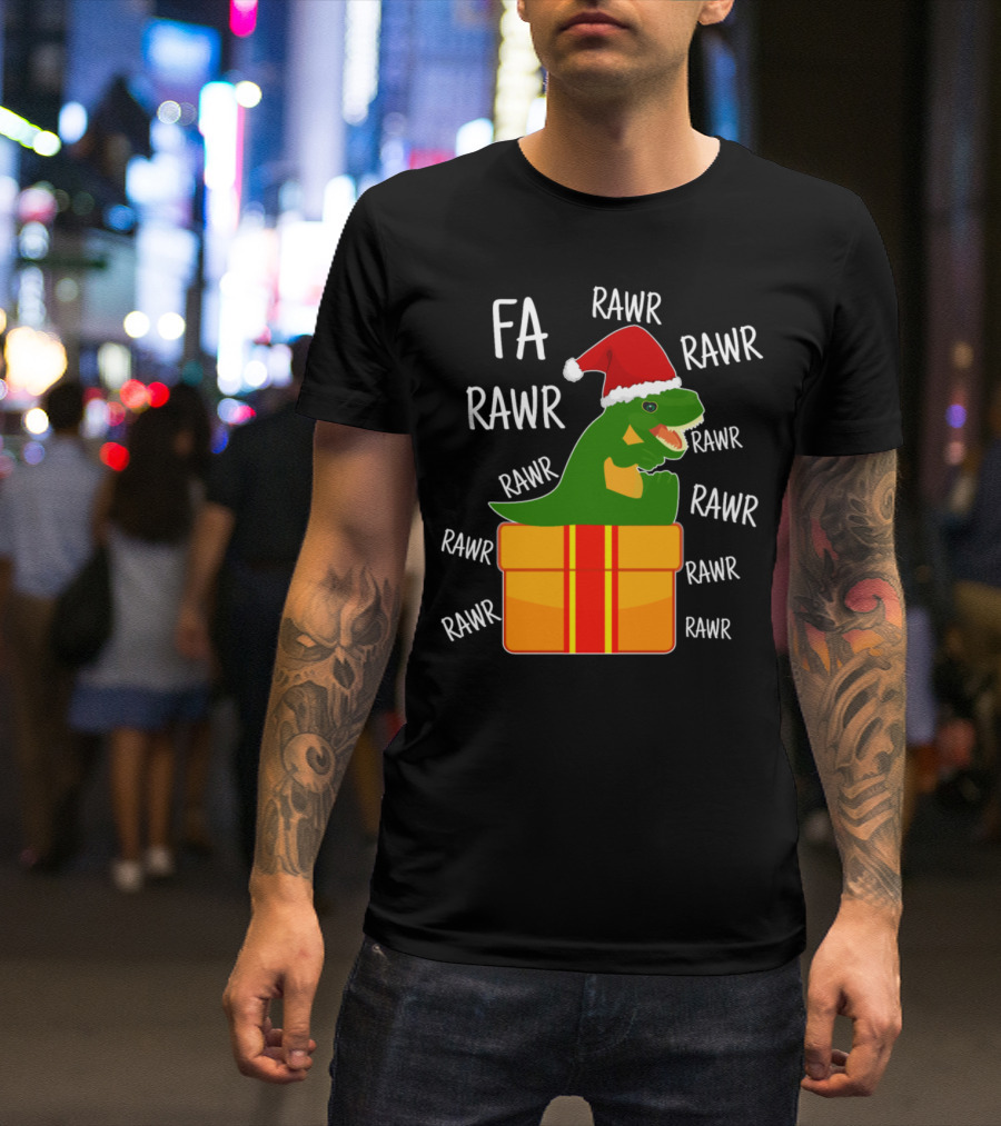 FA RAWR Christmas T-Rex In Santa Hat Inside Present T-Shirt