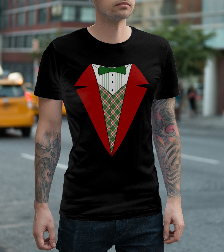 Funny Red And Green Tuxedo Christmas Shirt Plaid Bow Tie T-Shirt
