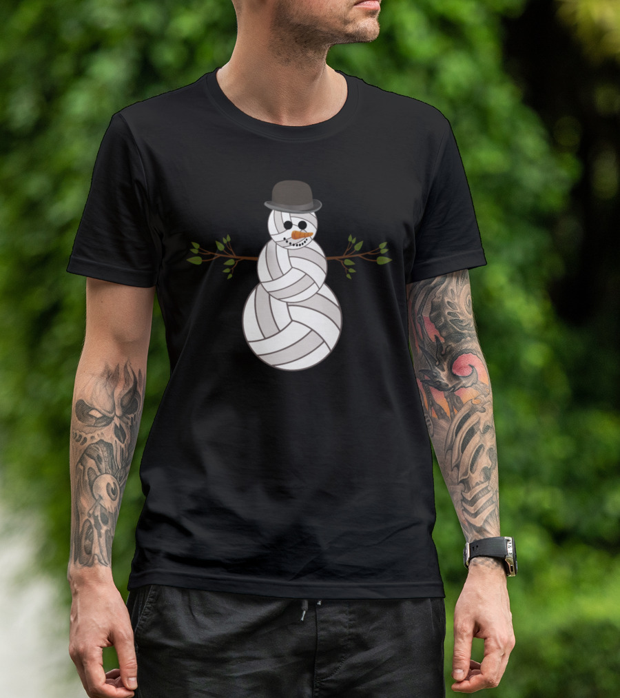 Funny Christmas Volleyball Snowman With Hat And Branch Arms T-Shirt