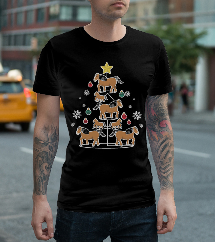 Funny Horse Christmas Tree with Snowflakes and Ornaments T-Shirt