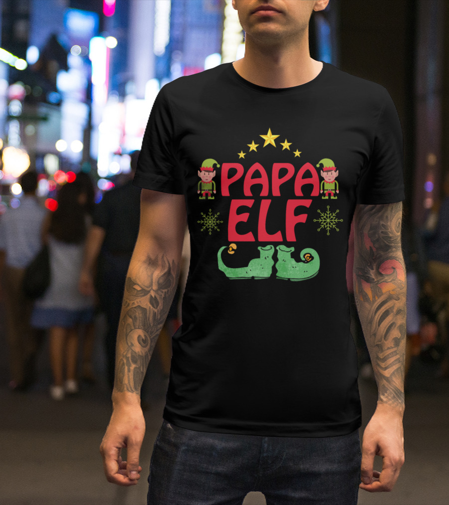 Papa Elf Funny Christmas Elf Shoes And Stars T-Shirt