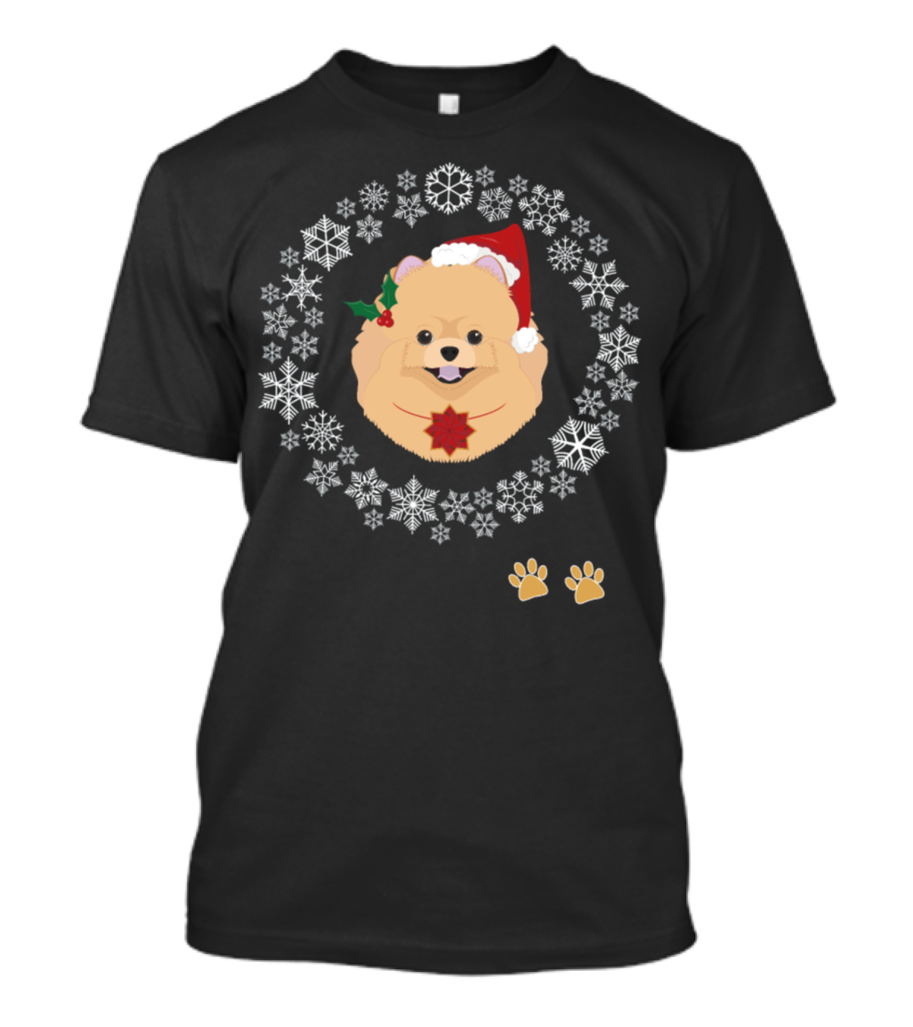Funny Pomeranian Dog Pet Christmas Hat Snowflakes Paws T-Shirt