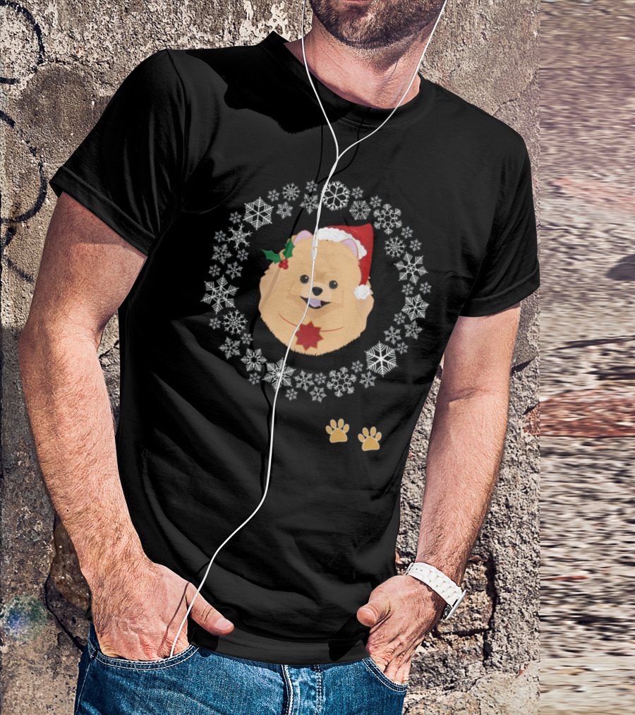 Funny Pomeranian Dog Pet Christmas Hat Snowflakes Paws T-Shirt