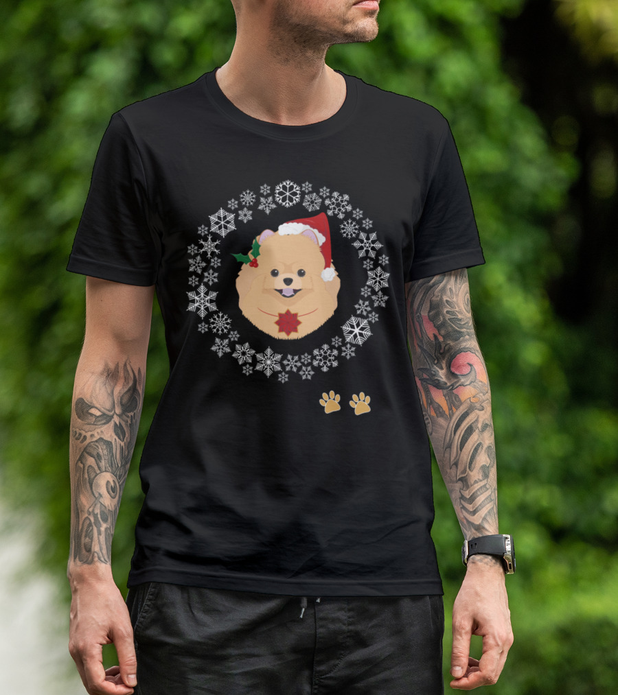 Funny Pomeranian Dog Pet Christmas Hat Snowflakes Paws T-Shirt