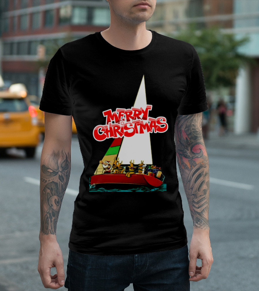 Funny Santa Merry Christmas Sailboat Adventure T-Shirt