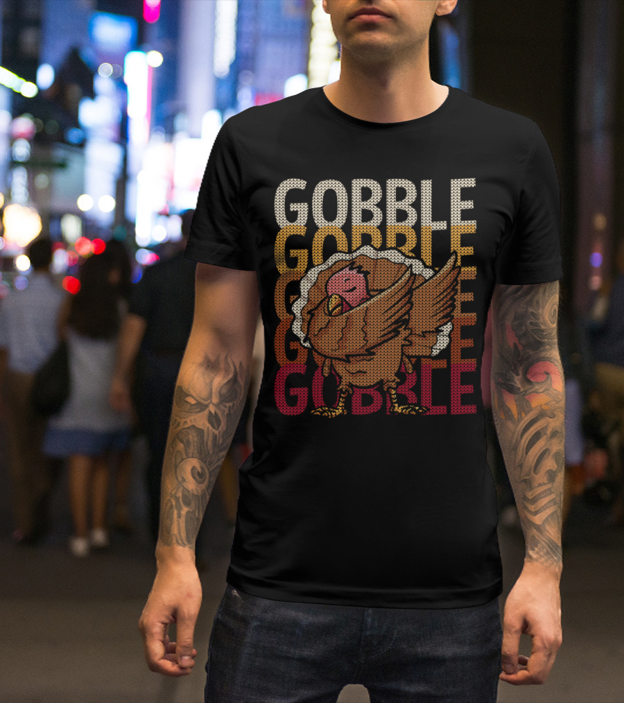 Gobble Gobble Funny Thanksgiving Turkey Stacked Text T-Shirt