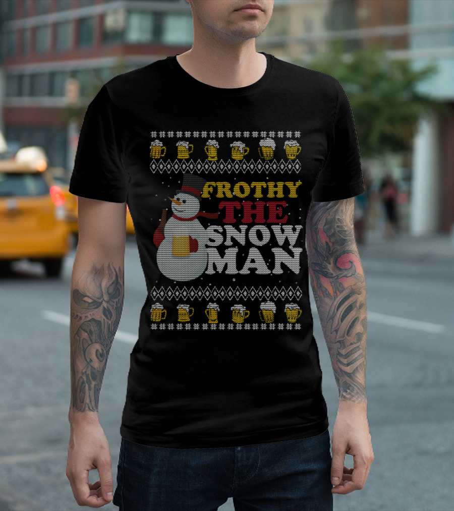 Frothy the Snowman Ugly Christmas Style Beer Drinking T-Shirt