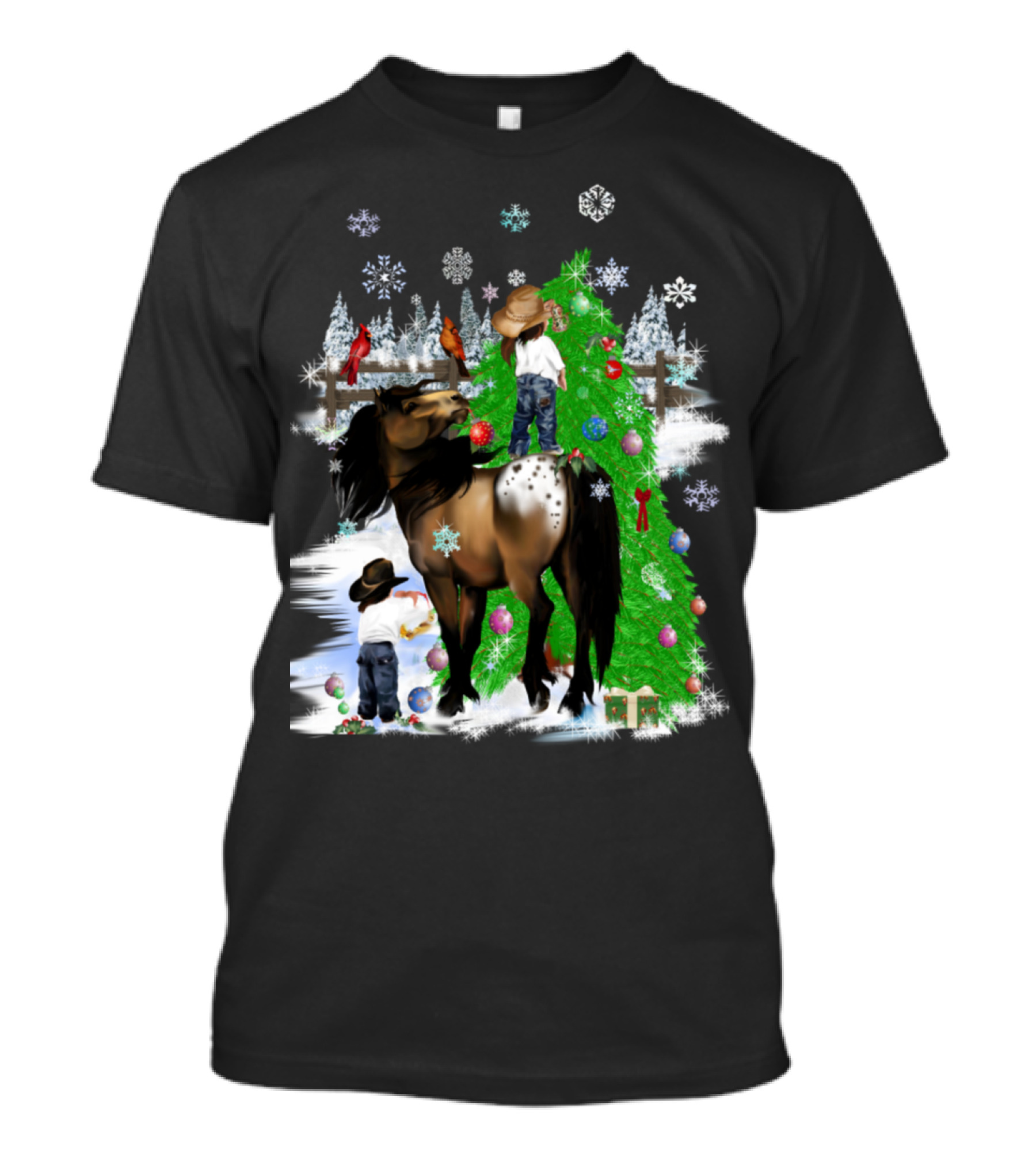 Cowboy Christmas Horse And Tree With Snowflakes T-Shirt