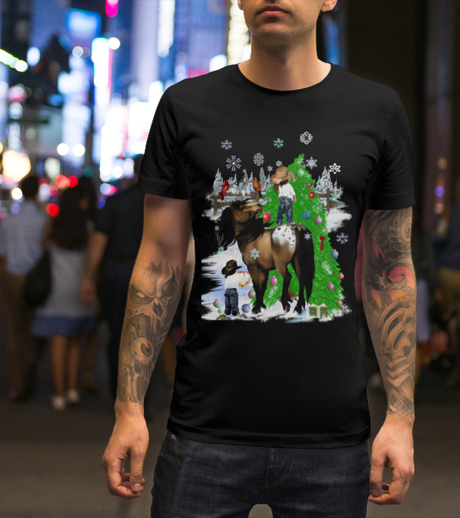 Cowboy Christmas Horse And Tree With Snowflakes T-Shirt