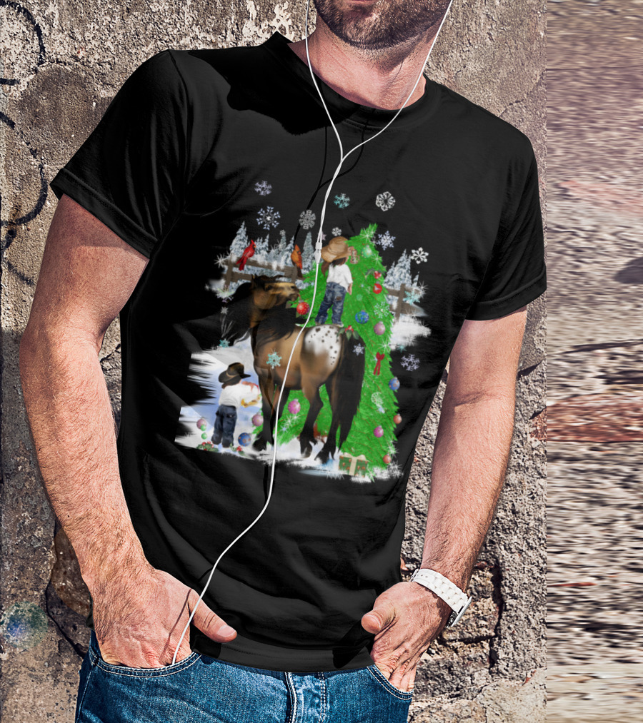 Cowboy Christmas Horse And Tree With Snowflakes T-Shirt