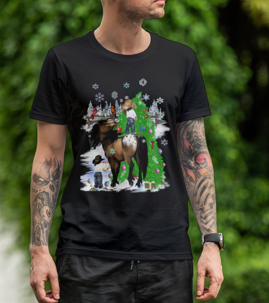 Cowboy Christmas Horse And Tree With Snowflakes T-Shirt