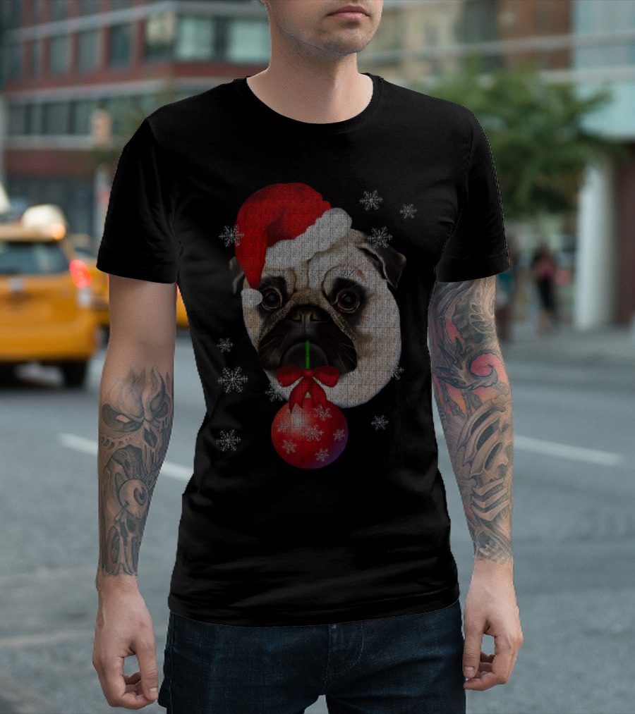 A Very Merry Christmas Pug with Santa Hat and Ornaments T-Shirt