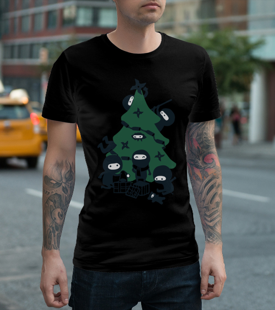 A Very Ninja Christmas Tree with Stealthy Characters and Throwing Stars T-Shirt